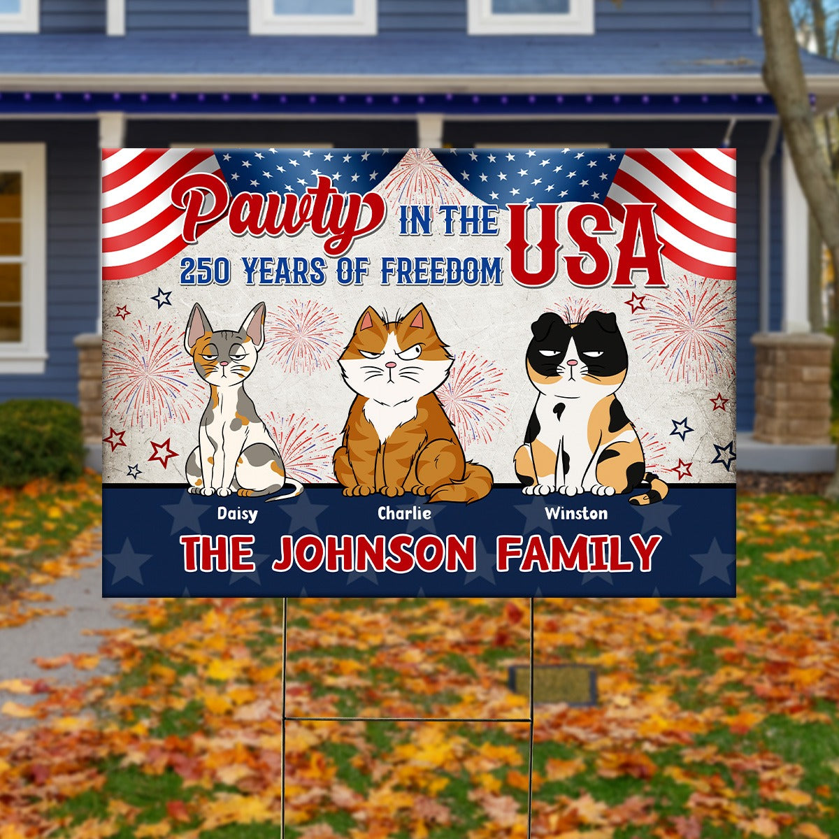 Personalized Funny Cat America 250th Anniversary Pawty in the USA Patriotic Yard Sign