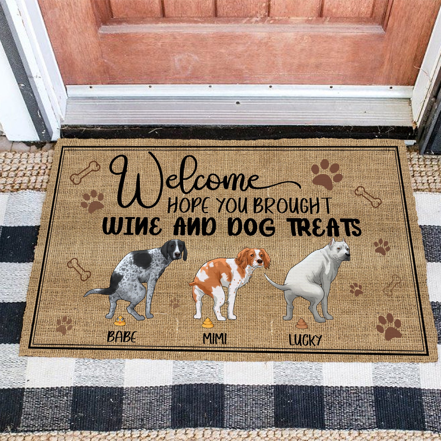 Personalized Funny Pooping Dog, Welcome Hope You Brought Wine And Dog Treats Doormat