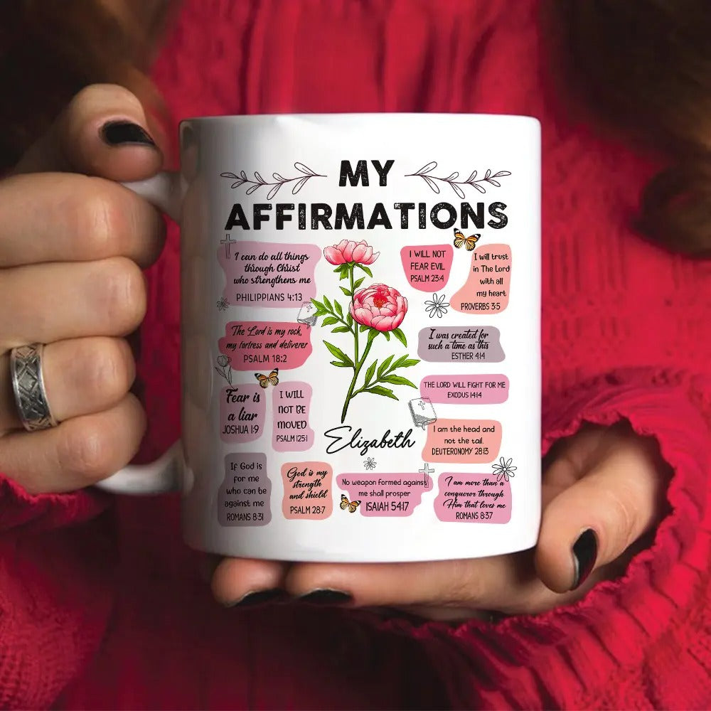 Birth Month Flower, Bible Verse Affirmation I Can Do All Things Through Christ - Personalized Christian White Mug