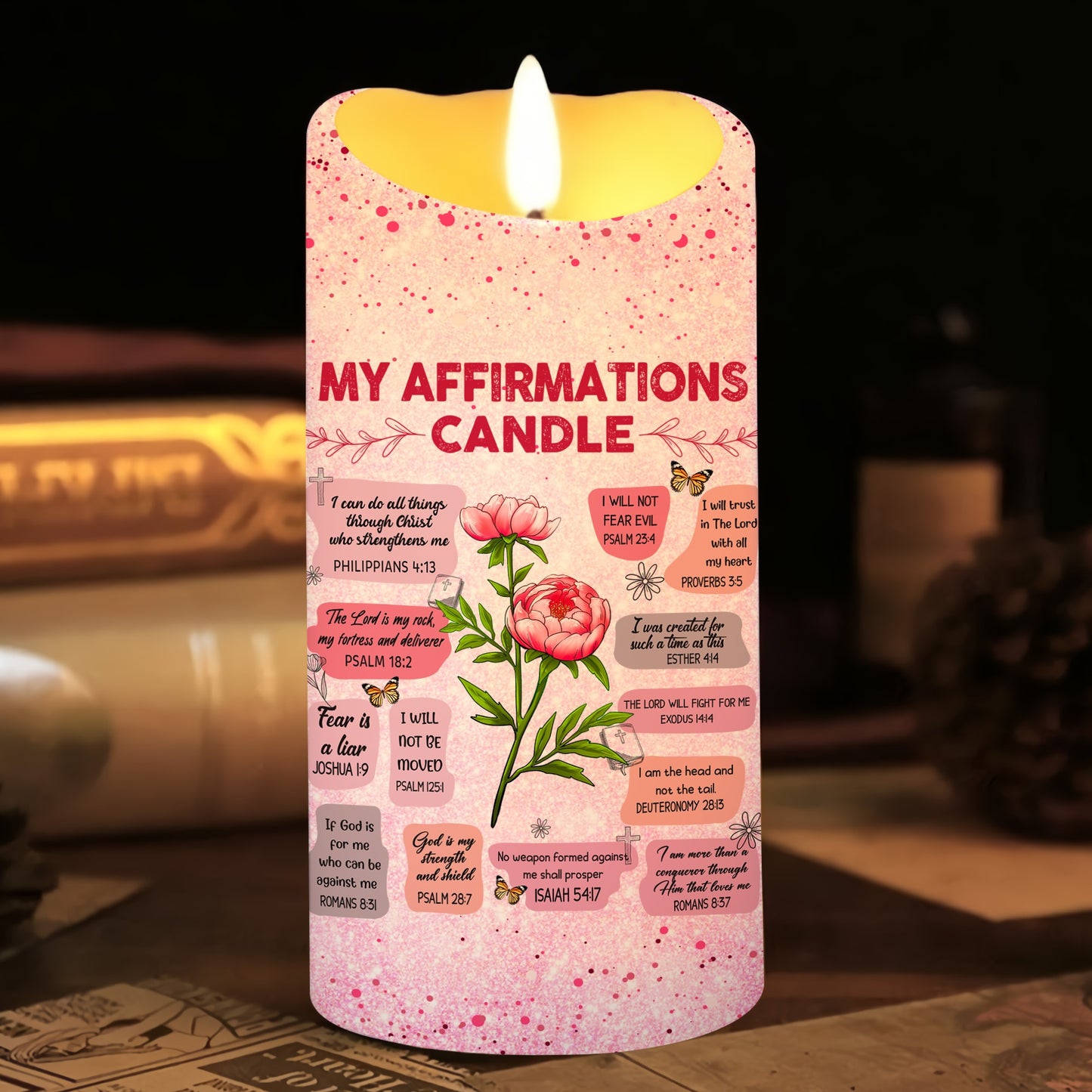 Christian Bible Verse Affirmation I Can Do All Things Through Christ - Personalized Birth Month Flower Led Candle