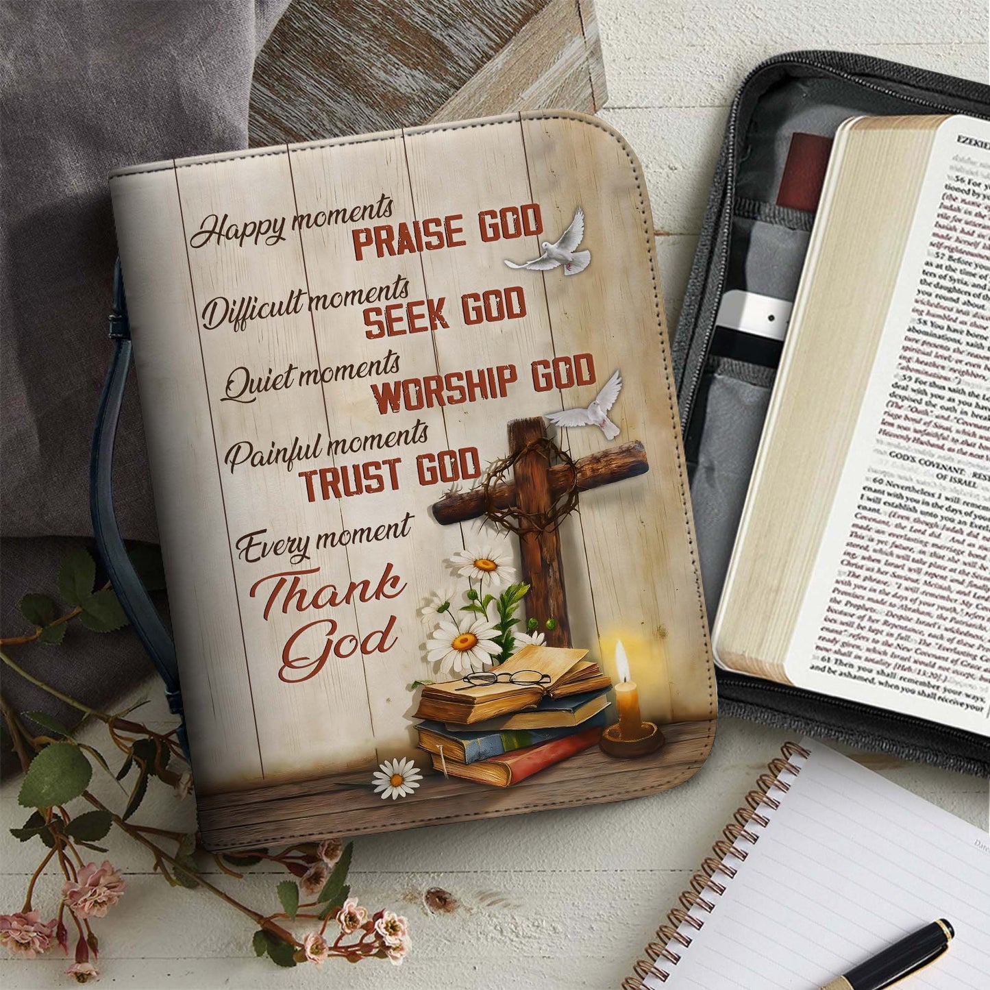 Christian Cross Happy Moments Praise God Difficult Moments Seek God Leather Bible Cover