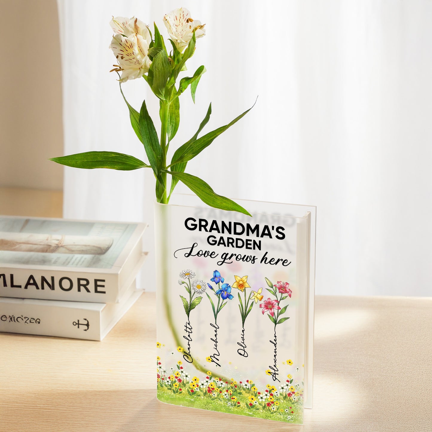 Custom Birth Flower Grandma's Garden Love Grows Here - Personalized Best Gift For Grandma Acrylic Book Vase
