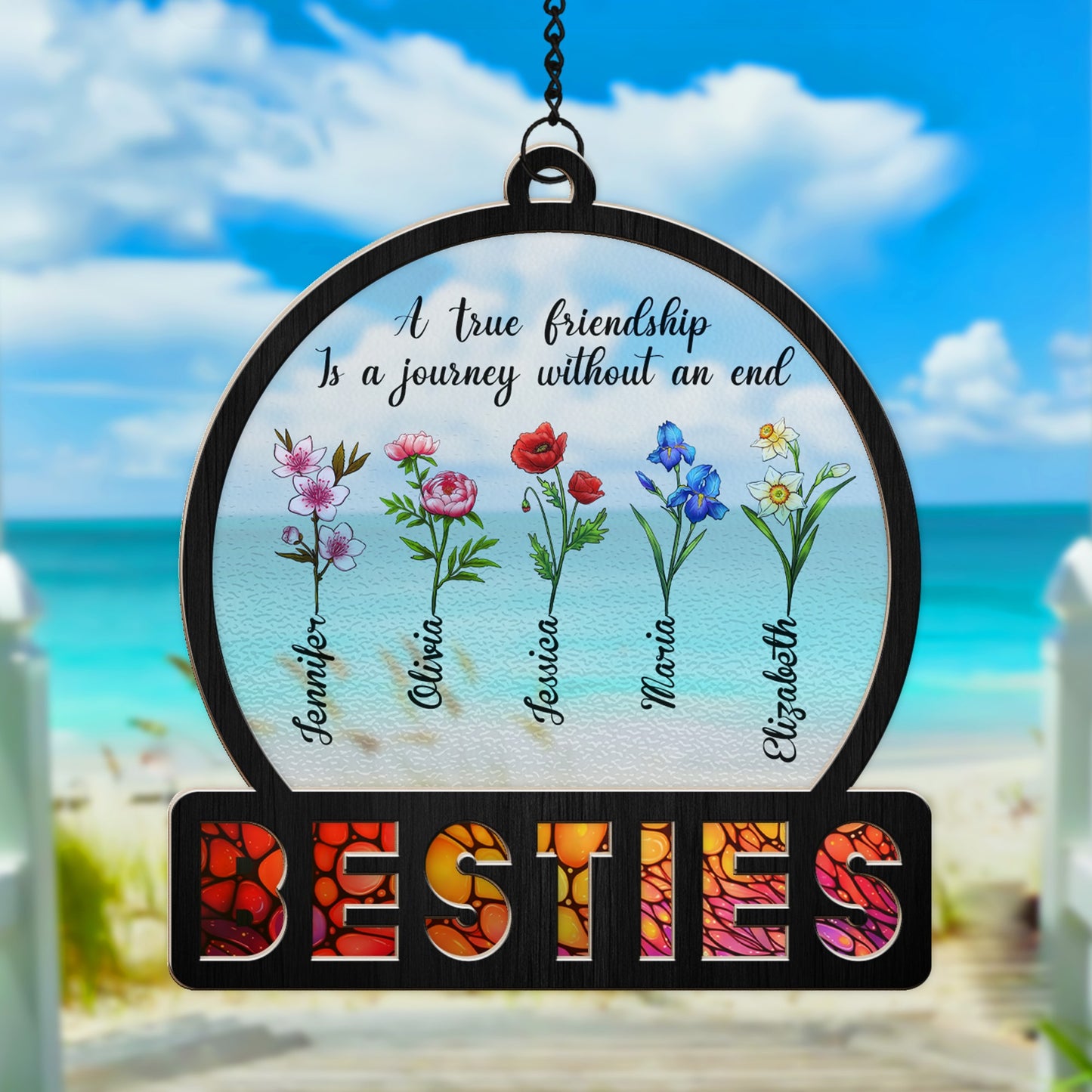 Custom Birth Flower, A True Friendship Is A Journey Without An End - Personalized Besties Hanging Suncatcher Ornament