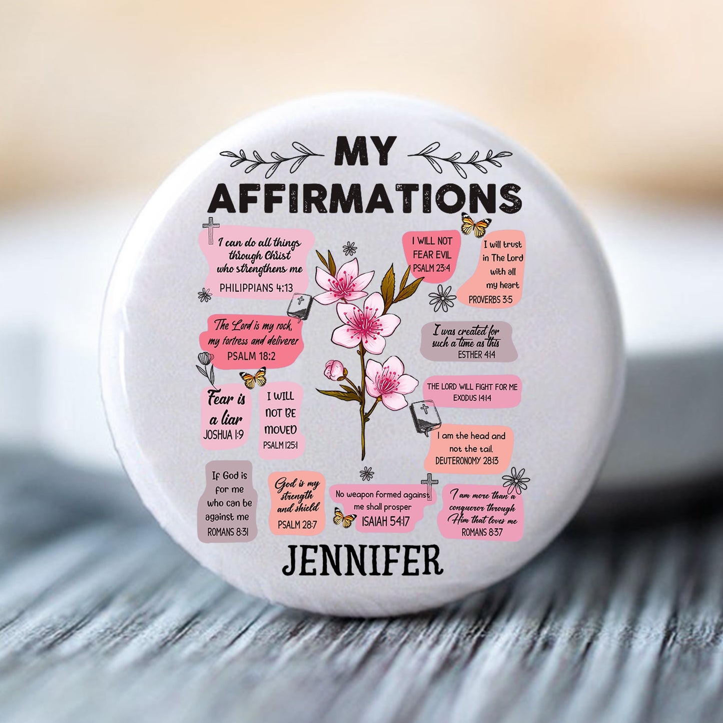 Custom Birth Month Flower Bible Verse Affirmation - Personalized Christian Gift Buttons