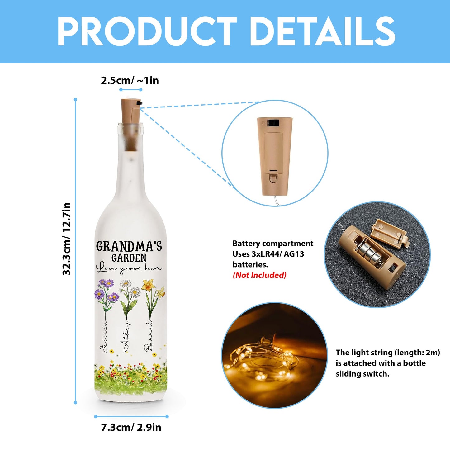 Custom Birth Month Flowers Grandma's Garden Love Grows Here - Personalized Gift For Grandma Bottle Lamp