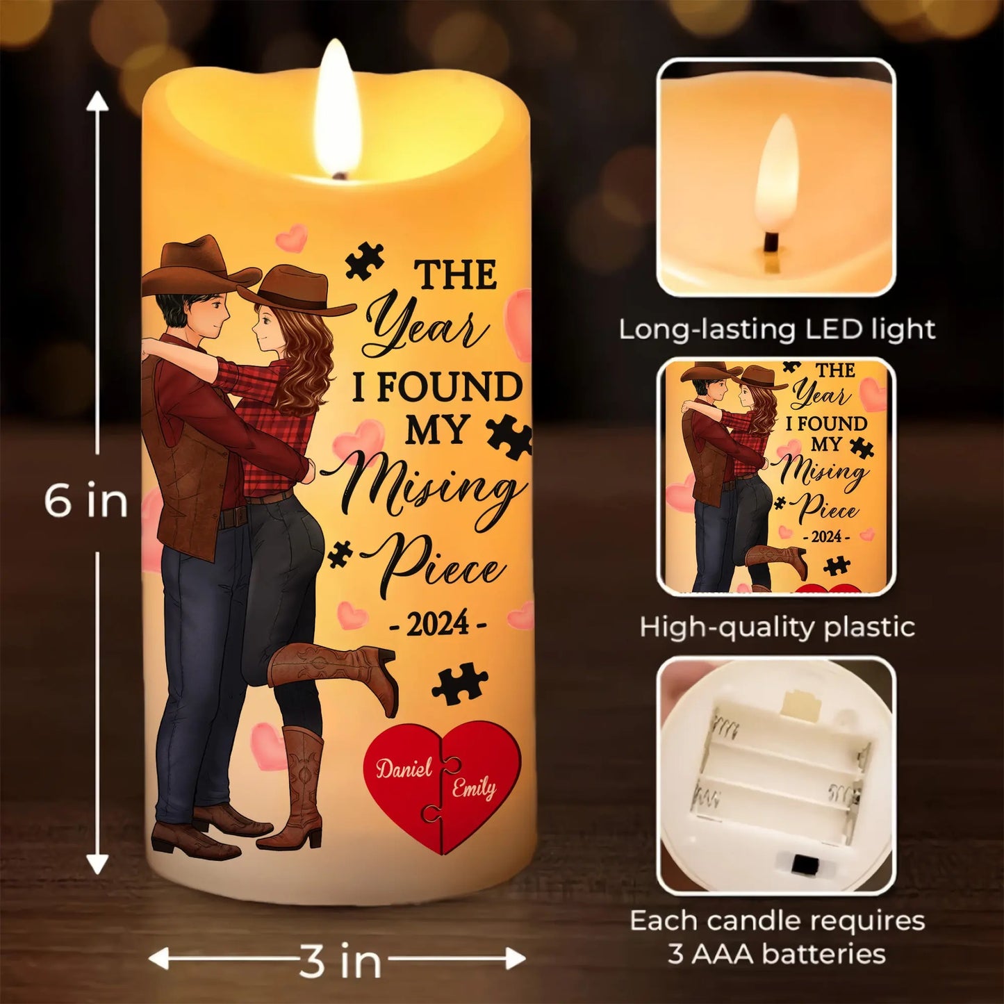 Custom Cowboy Couple LED Candle, The Year I Found My Missing Piece - Personalized Couple Led Candle