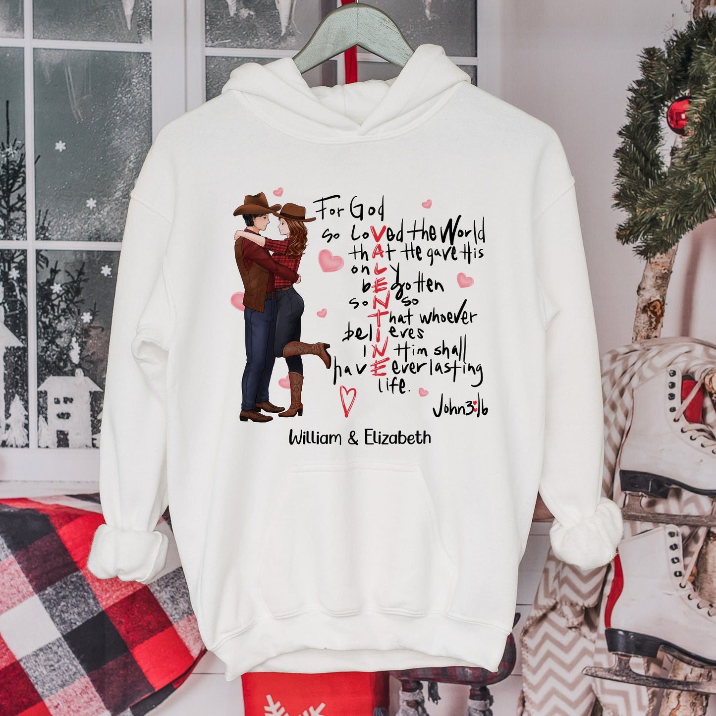 Custom Cowboy Couple, For God So Loved The World John 3:16 - Personalized God's Valentine Hoodie