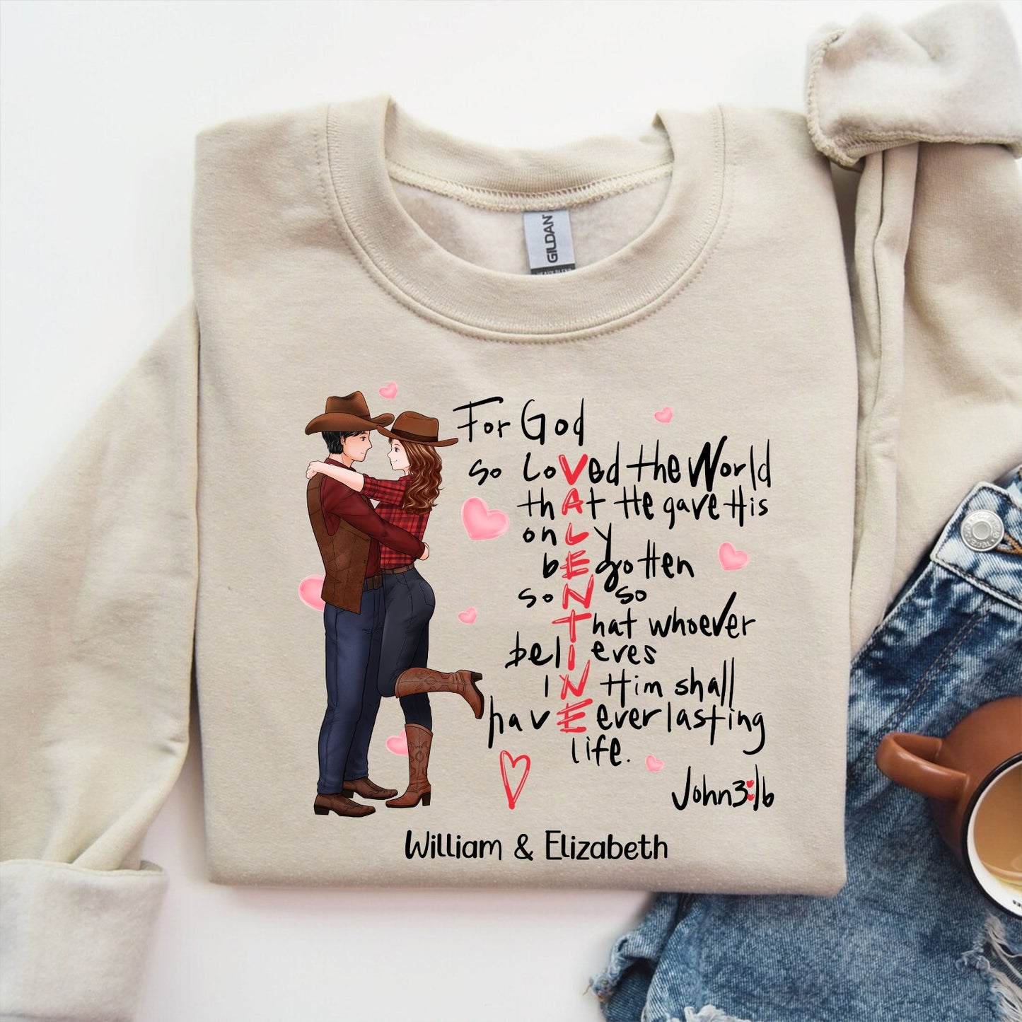 Custom Cowboy Couple, For God So Loved The World John 3:16 - Personalized God's Valentine Sweatshirt