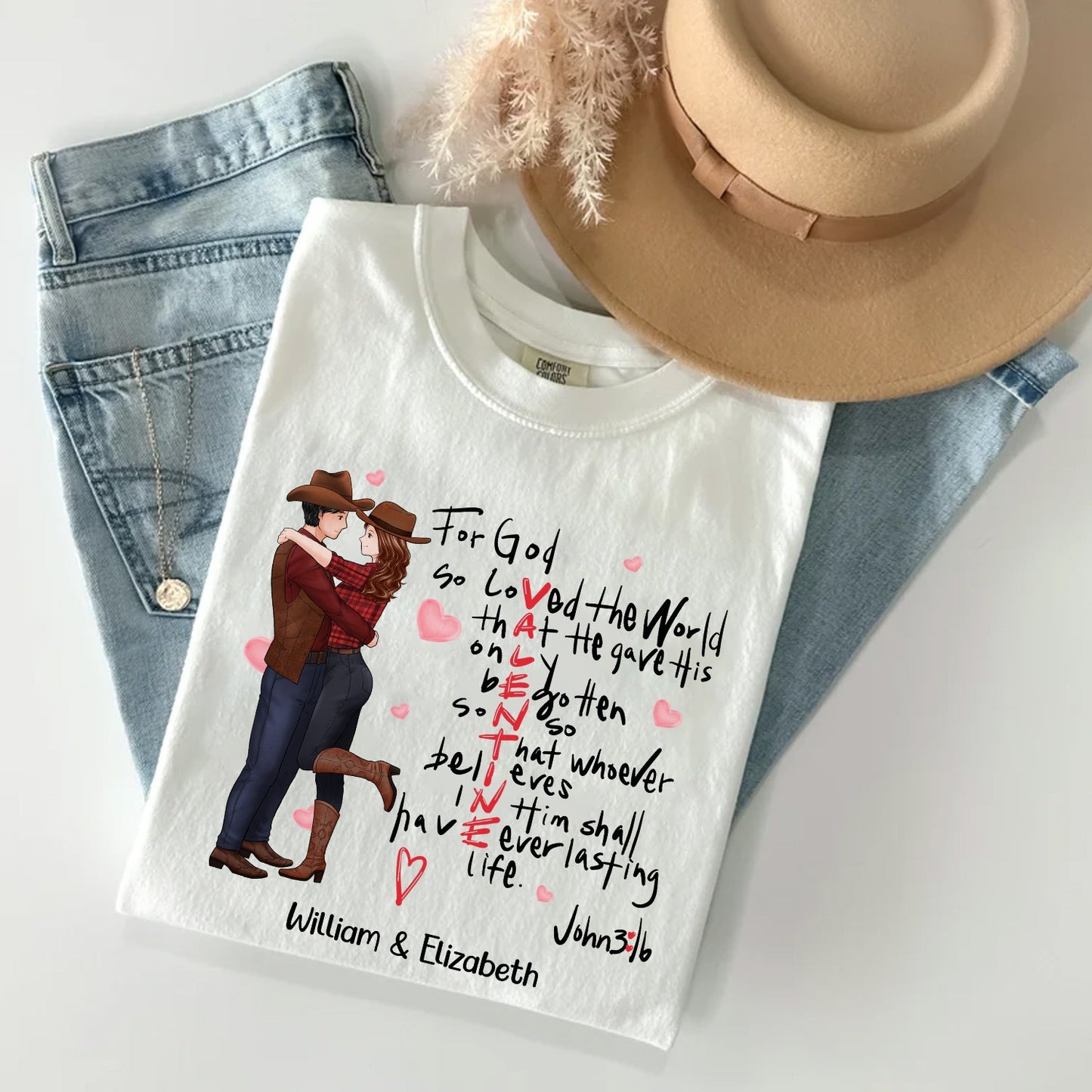 Custom Cowboy Couple, For God So Loved The World John 3:16 - Personalized God's Valentine T-Shirt