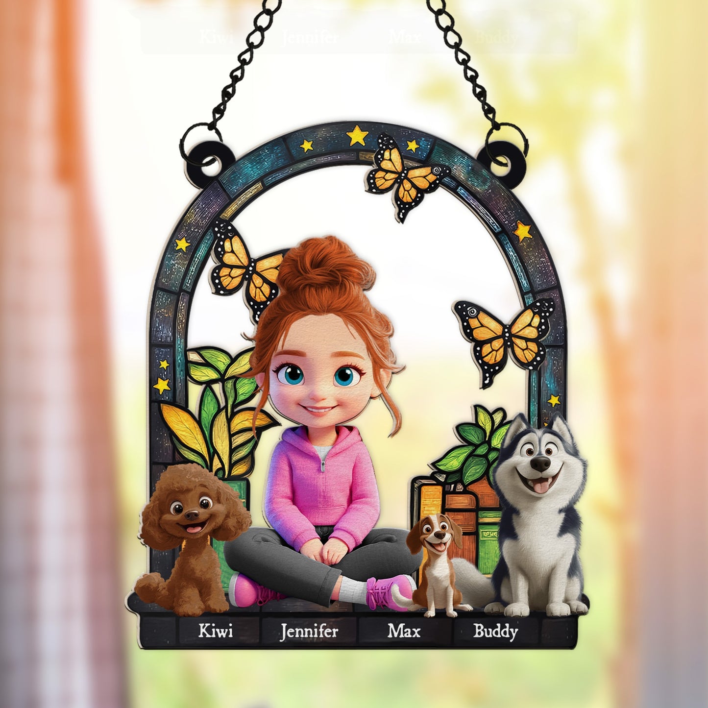 Custom Girl And Her Dogs, Gifts For Dog Lovers - Personalized Hanging Suncatcher Ornament