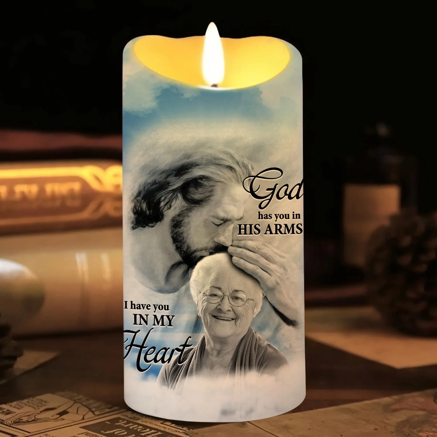 Custom Photo God Has You In His Arms I Have You In My Heart - Personalized Memorial Led Candle