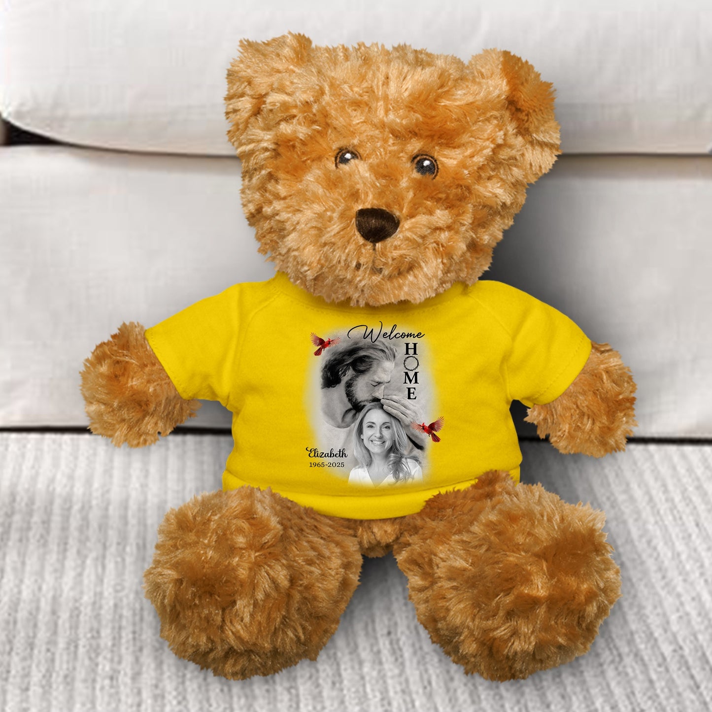 Custom Photo Welcome Home Safe In Arms Of Jesus - Memorial Teddy Bear With Personalized Shirt