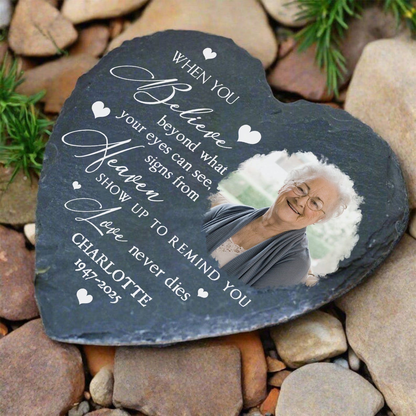 Custom Photo, When You Believe Beyond What Your Eyes Can See - Personalized Memorial Heart Garden Stone