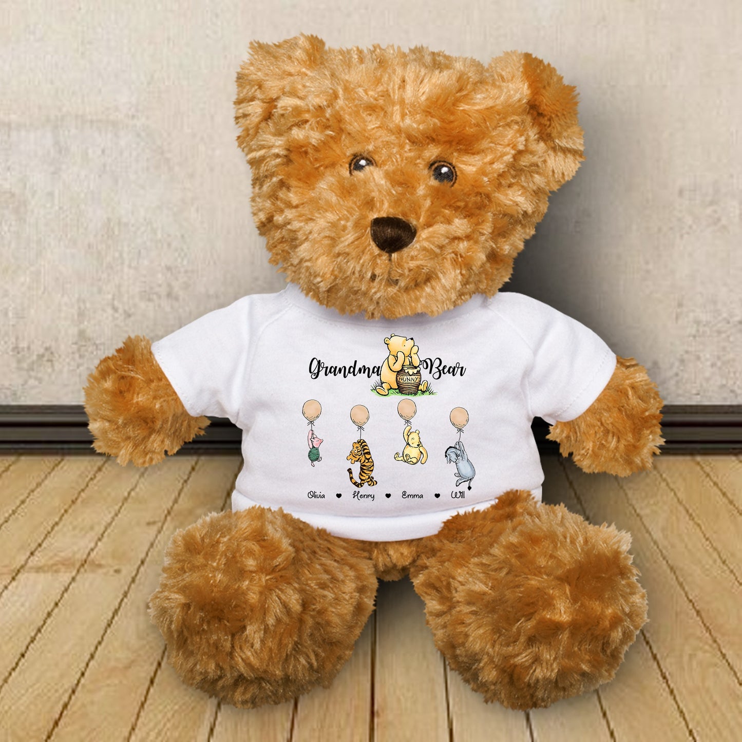 Grandma Hunny Bear Winnie The Pooh With Balloons - Teddy Bear With Personalized Shirt
