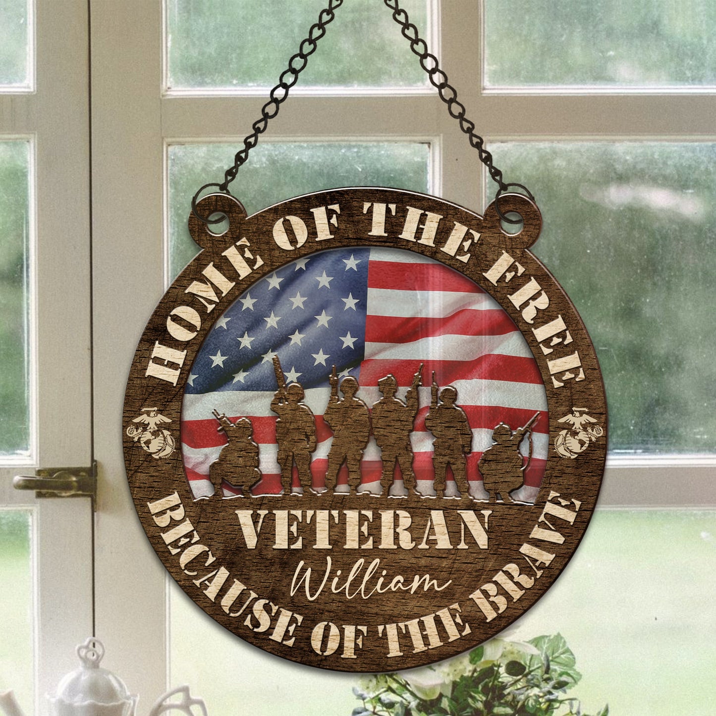 Personalized Veterans Home Of The Free Because Of The Brave Hanging Suncatcher Ornament