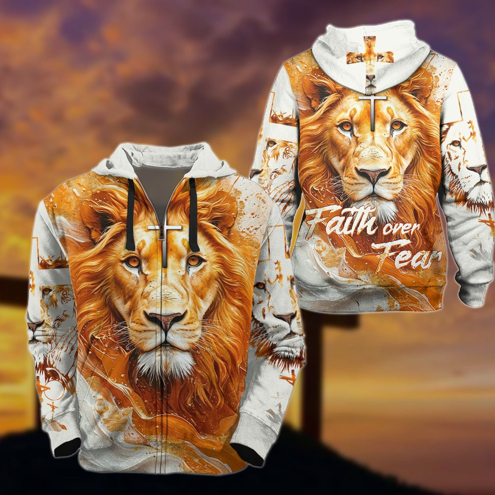 Jesus And The Lion Of Judah Faith Over Fear - Inspirational Gifts For Christians 3D All Over Print T-Shirt And Hoodie