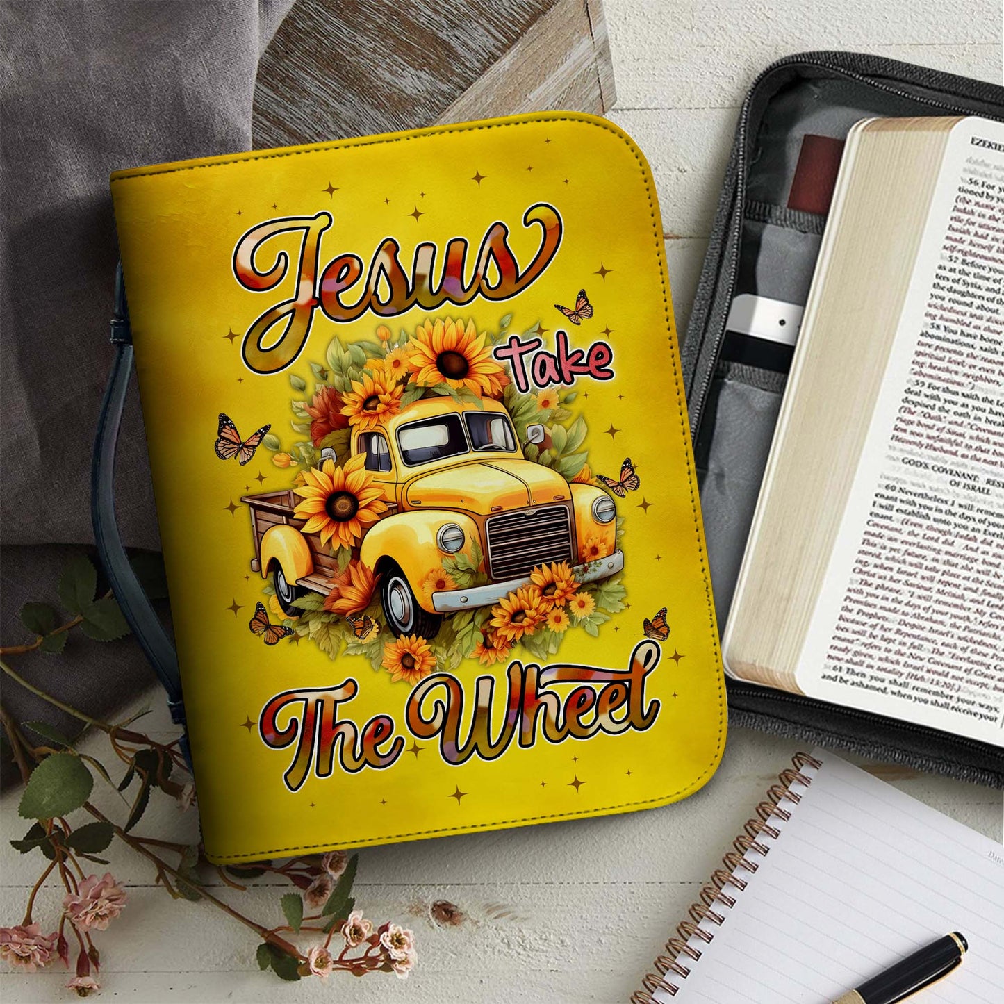 Jesus Take The Wheel Yellow Vintage Truck with Sunflowers Leather Bible Cover