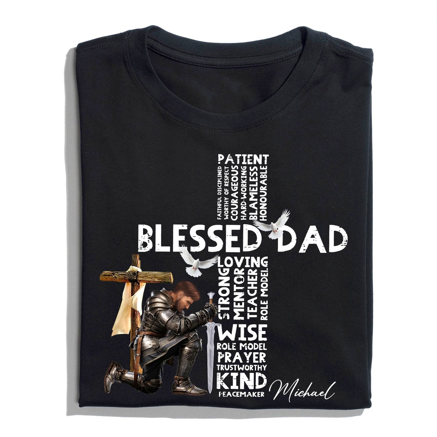 Man Warrior Of God Christian Blessed Dad Cross Father's Day - Personalized Mens Christian T-Shirt