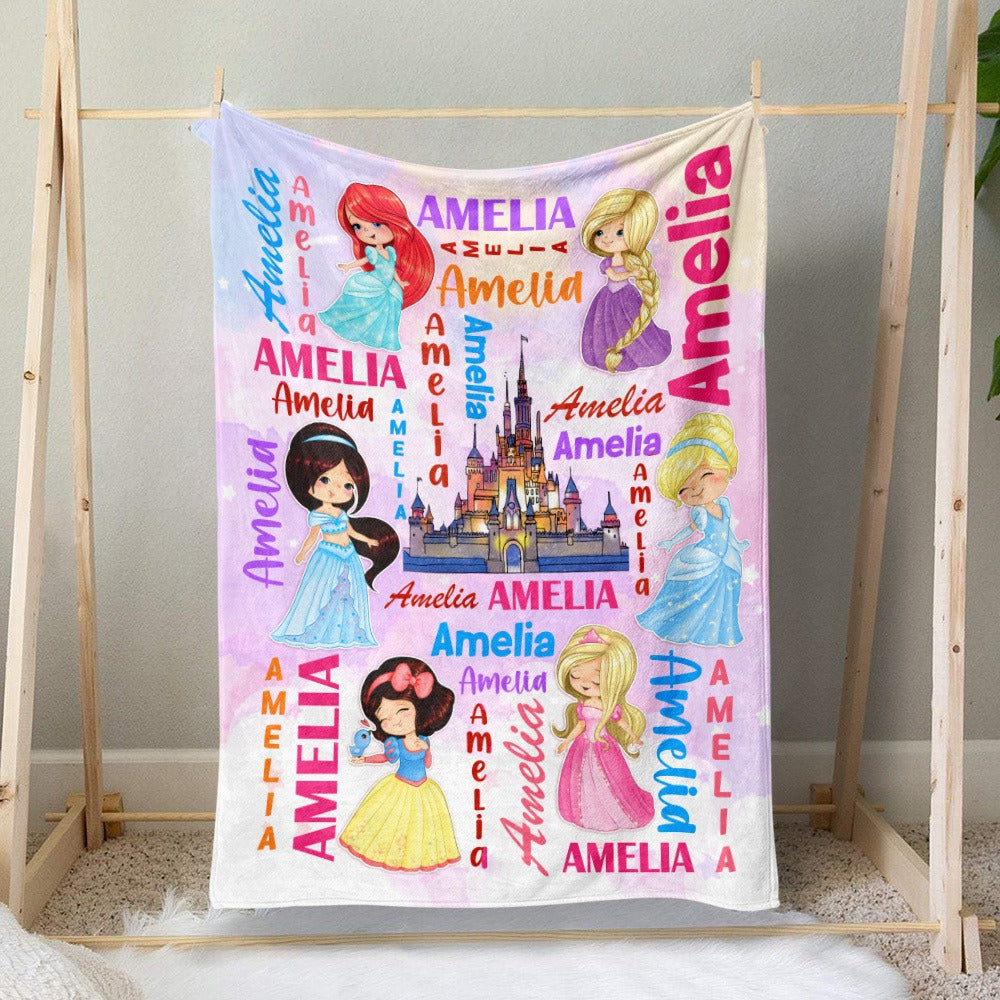 Personalized Baby Girl Name Blanket, Pink Watercolor of a Royal Princess with Palace Blanket