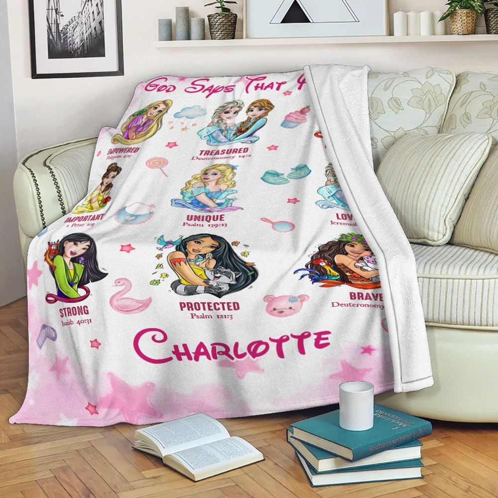Personalized Baby Girl Pink Watercolor Of A Royal Princess, God Says That You Are Empowered Treasured Blanket