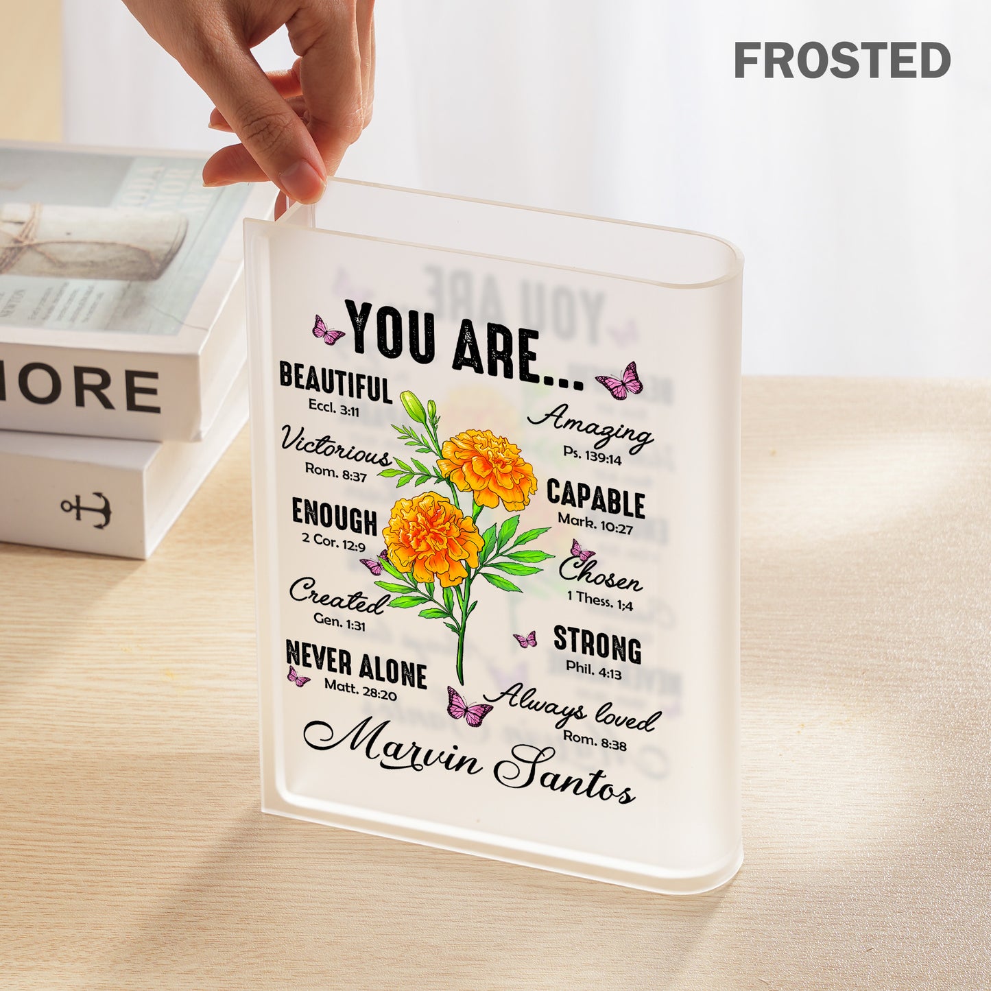 Personalized Birth Flower Christian You Are Beautiful Amazing Victorious Acrylic Book Vase