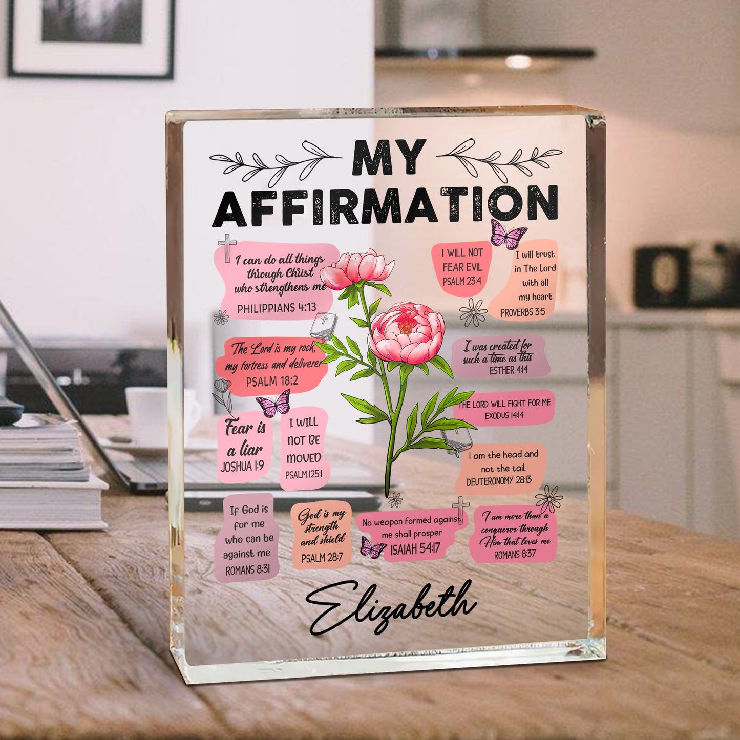 Personalized Birth Flower Christian Bible Verse My Daily Affirmations Acrylic Block Plaque
