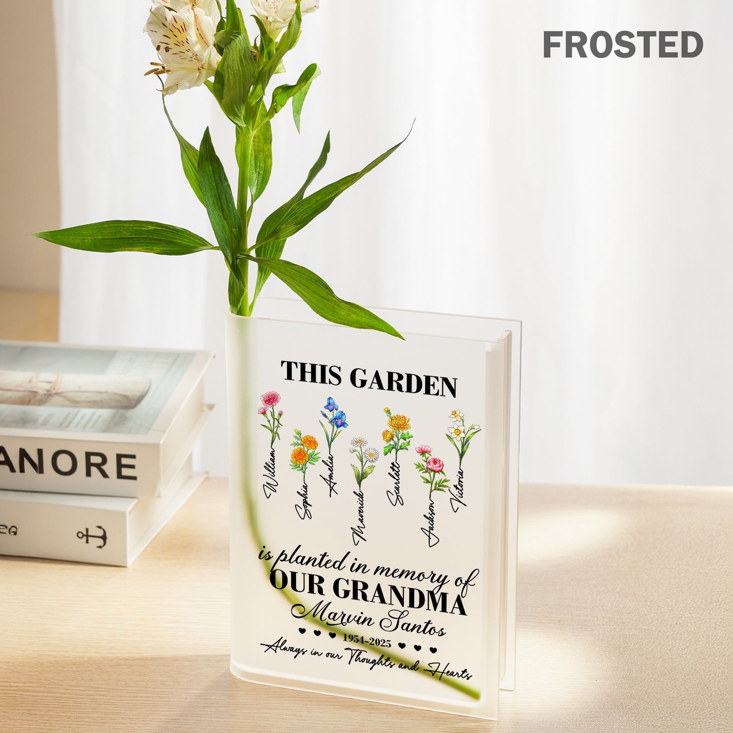 Personalized Birth Flower This Garden Is Planted in Memory Acrylic Book Vase, Memorial Gift for Loss of a Loved One