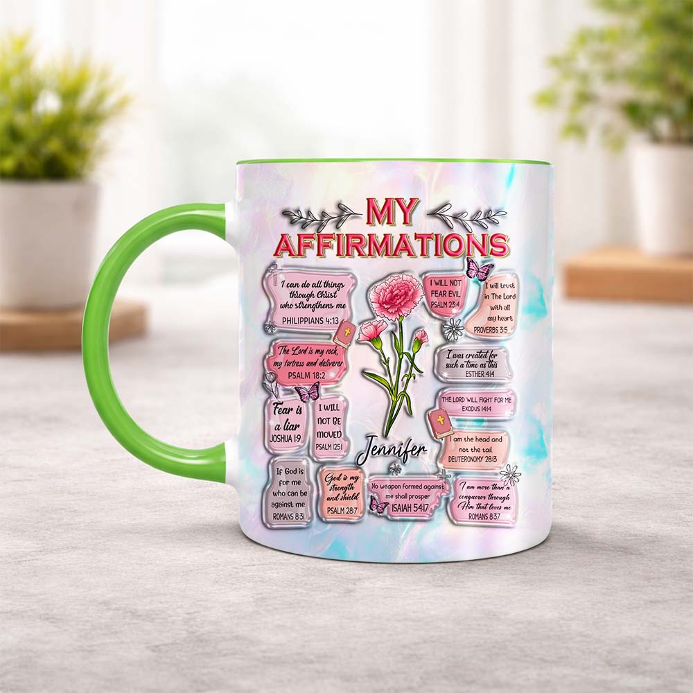 Personalized Birth Month Flower Christian Bible Verse My Affirmations Accent Edge-to-Edge Mug