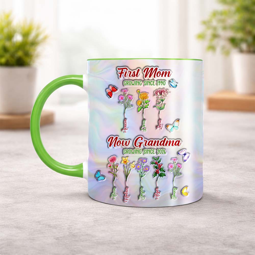 Personalized Birth Month Flower First Mom Now Grandma Accent Edge-to-Edge Mug