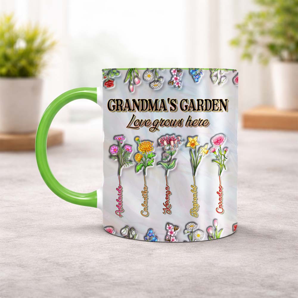Personalized Birth Month Flower Grandma's Garden Love Grows Here Accent Edge-to-Edge Mug