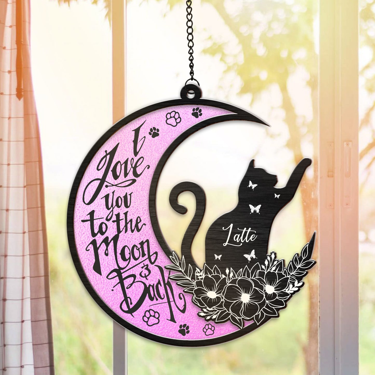 Personalized Black Cat I Love You To The Moon And Back Hanging Suncatcher Ornament
