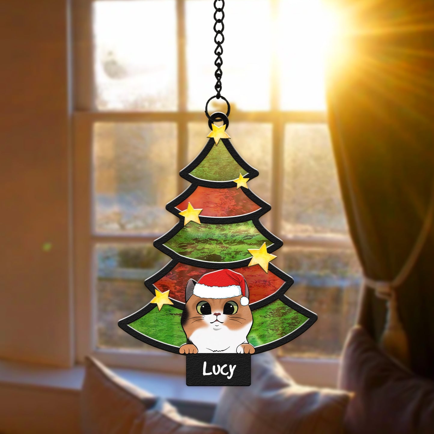 Personalized Cat With Christmas Tree Hanging Suncatcher Ornament
