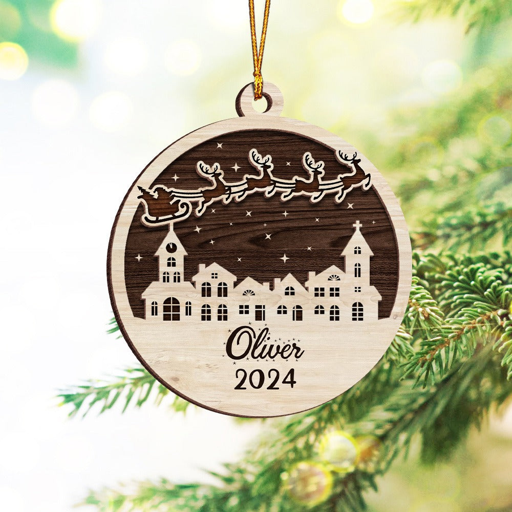 Personalized Christmas Santa’s Sleigh Name 2-Layer Wooden Ornament