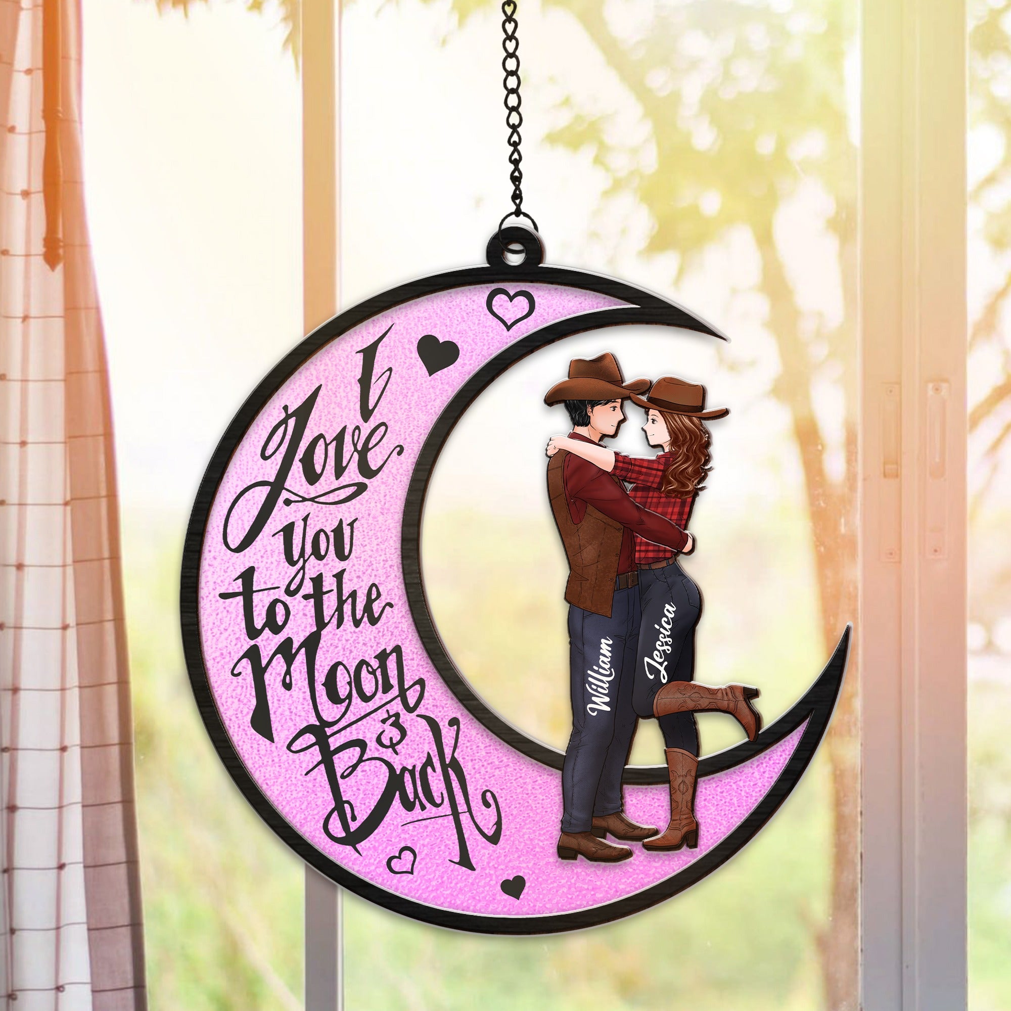 Personalized Couple Cowboy I Love You To The Moon And Back Hanging Suncatcher Ornament