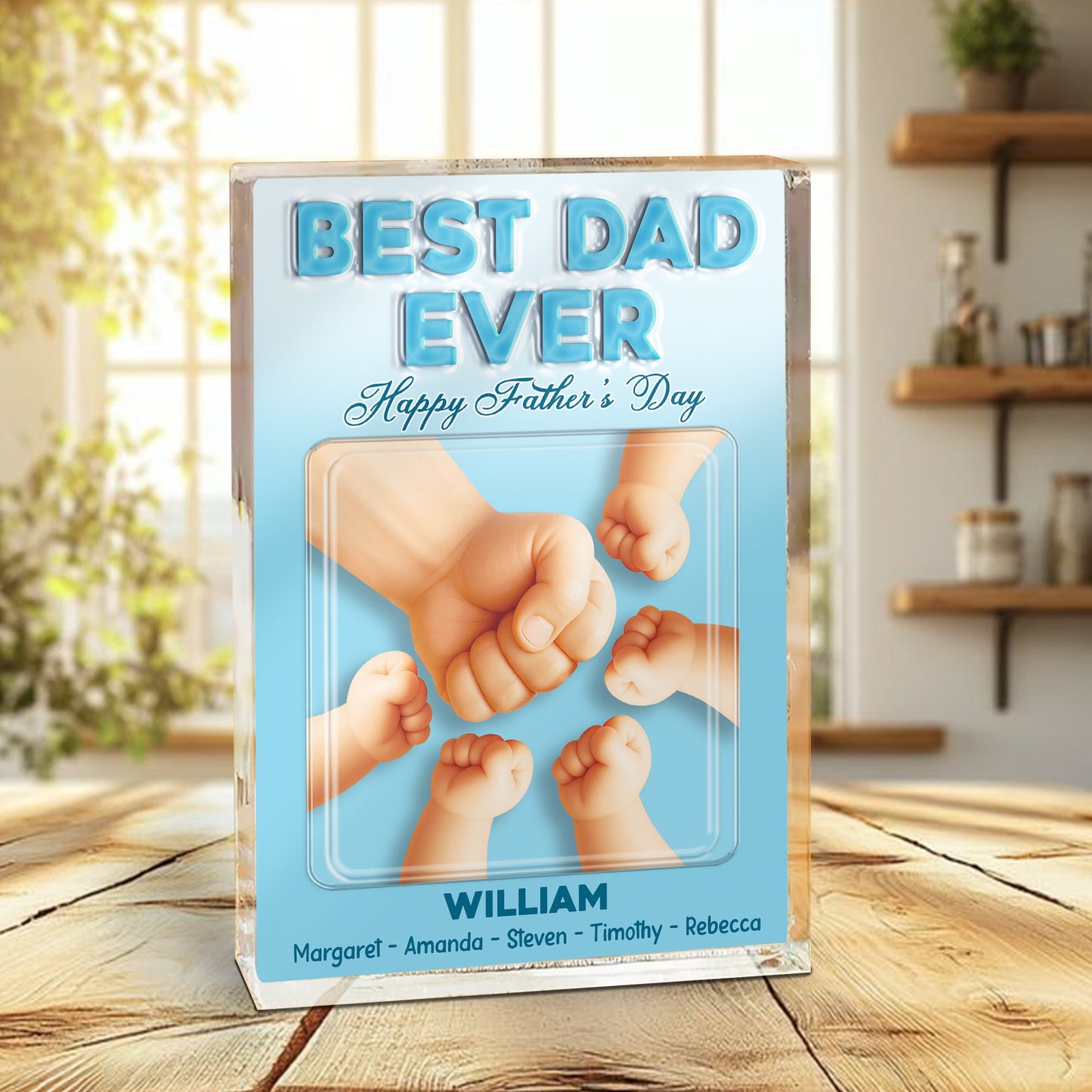 Personalized Dad and Kids Holding Hands Best Dad Ever, Happy Fathers Day Acrylic Block Plaque