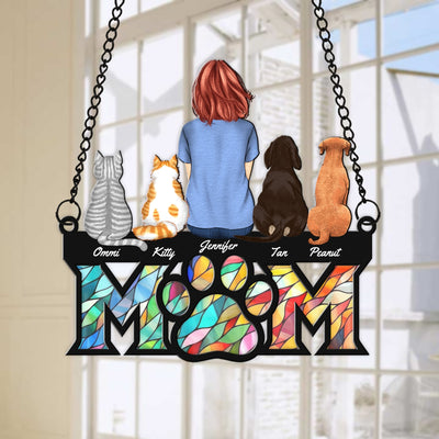 Personalized Dog Mom Cat Mom, Custom Girl with Cat and Dog Hanging Suncatcher Ornament