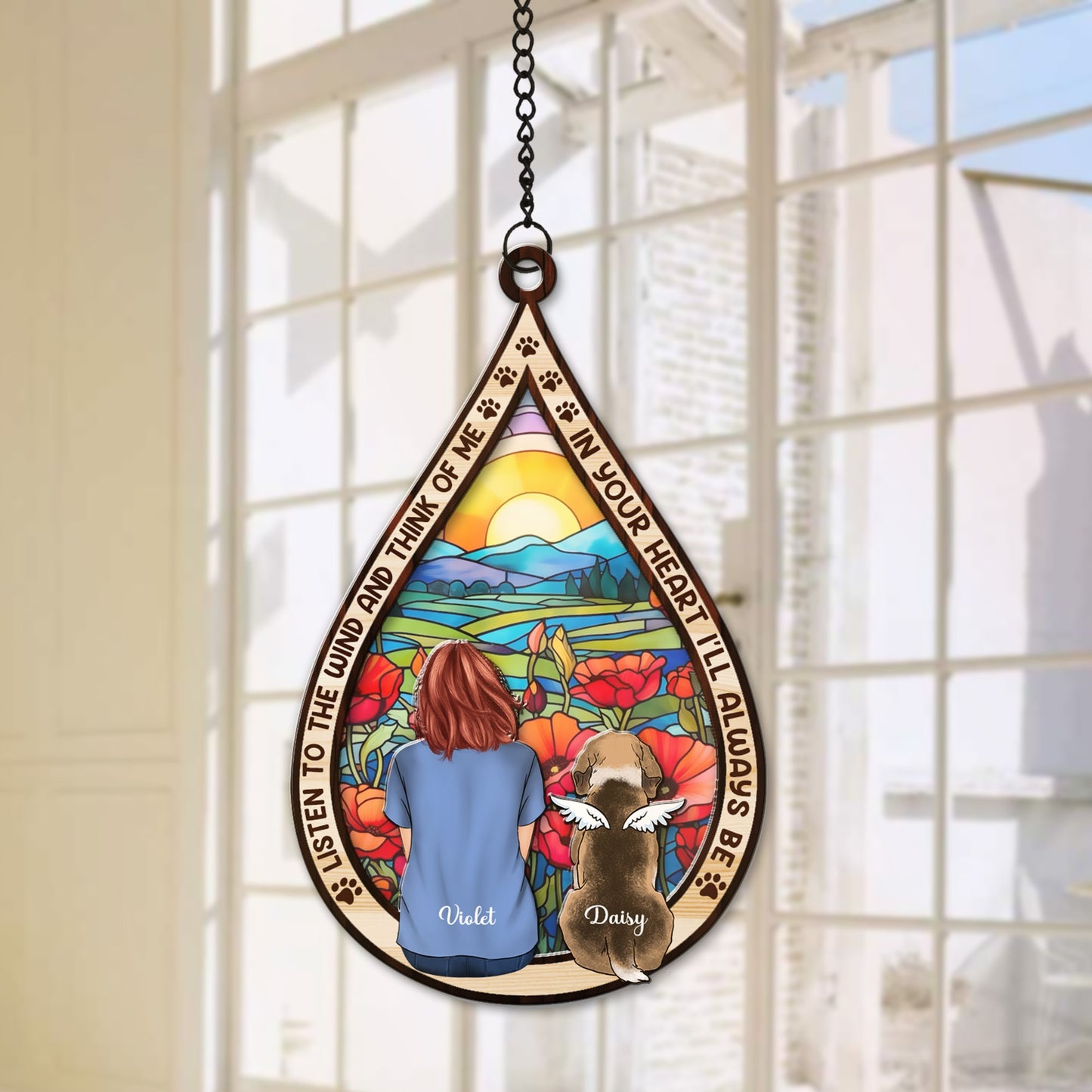 Personalized Dog Mom Memorial Listen To The Wind And Think Of Me Hanging Suncatcher Ornament