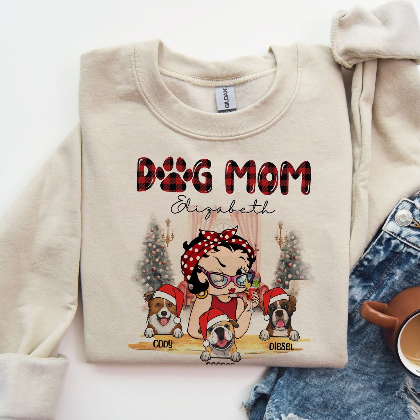 Personalized Dog Mom, Christmas Gift for Dog Mom Custom Girl Vintage with Dog Sweatshirt