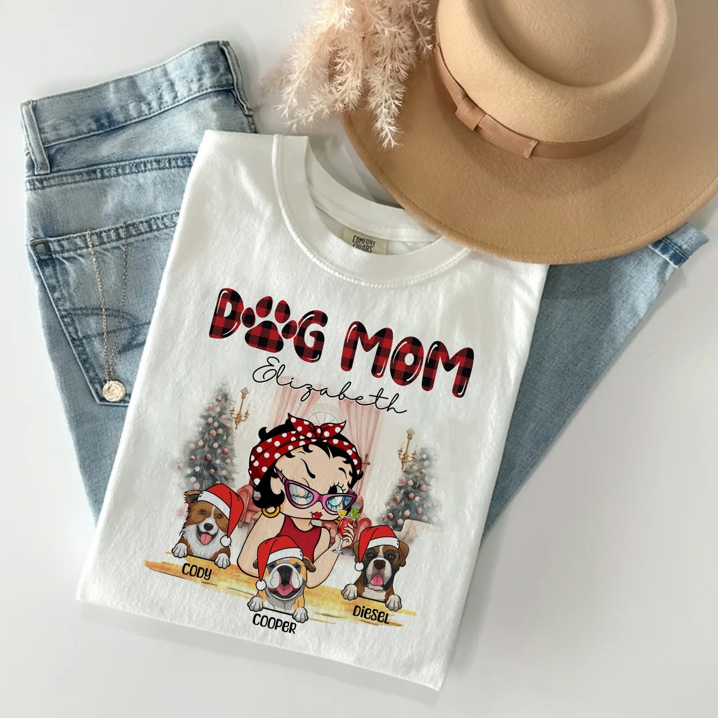 Personalized Dog Mom, Christmas Gift for Dog Mom Custom Girl Vintage with Dog T-Shirt