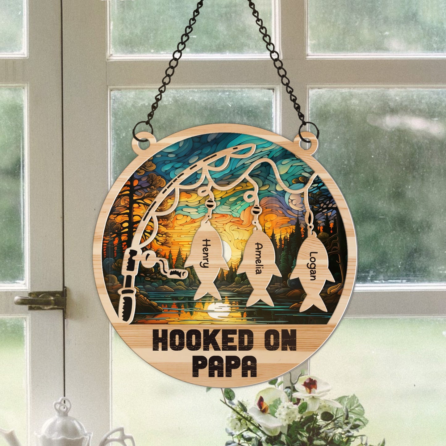 Personalized Fishing Dad Hooked on Daddy Hanging Suncatcher Ornament