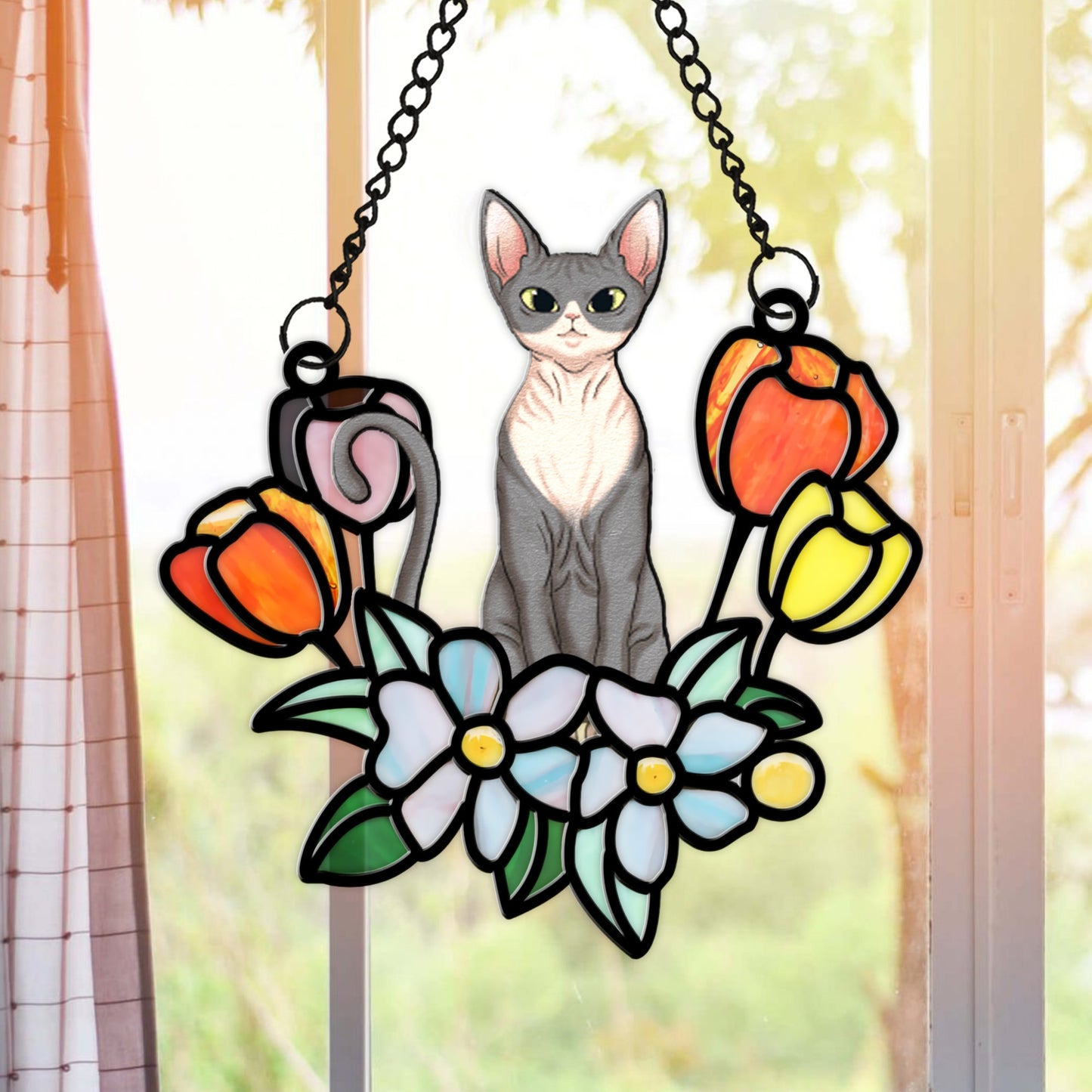 Personalized Funny Cat in Tulip Flowers Hanging Suncatcher Ornament