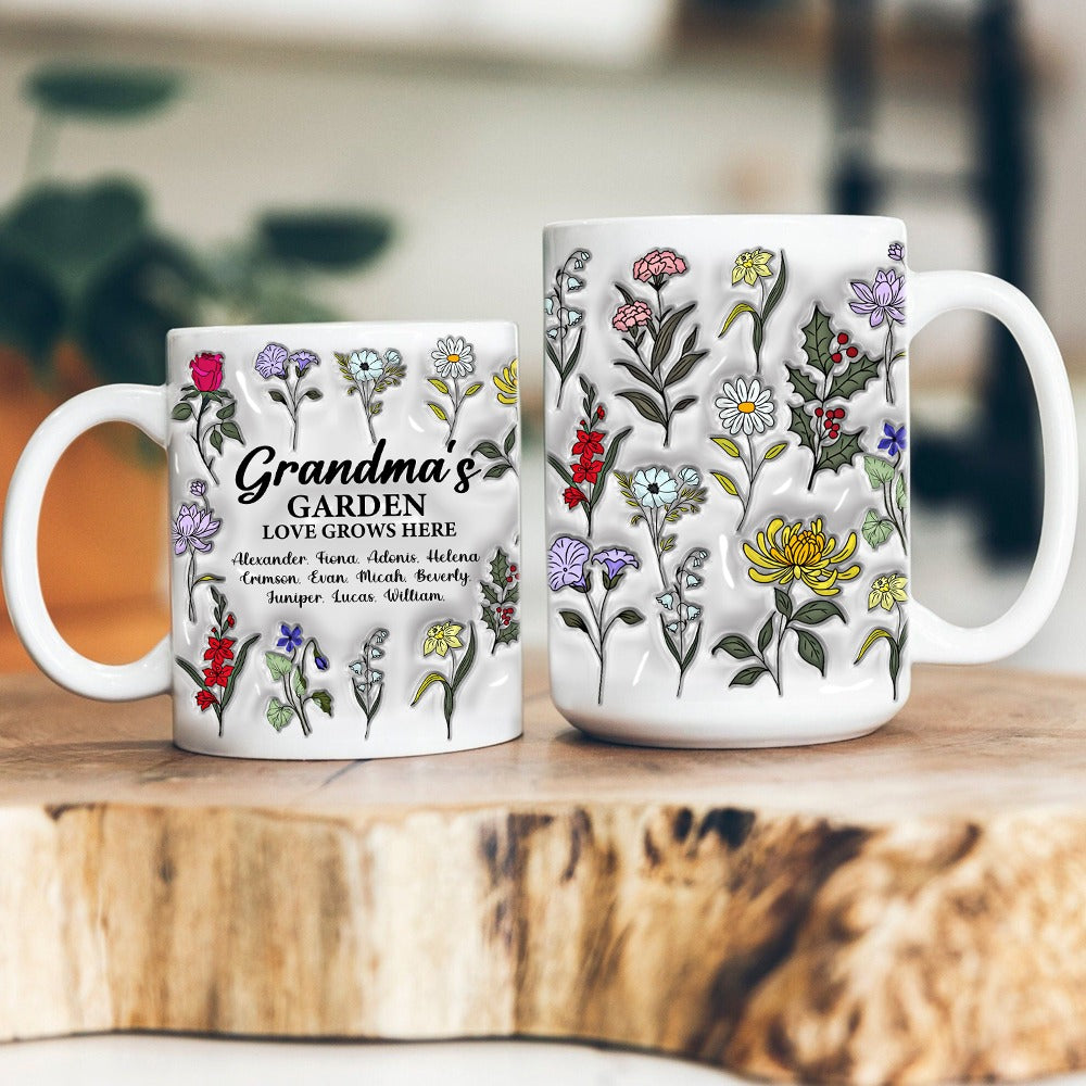 Personalized Grandma's Garden Love Grows Here Flowers In Garden 3D Inflated Effect White Mug