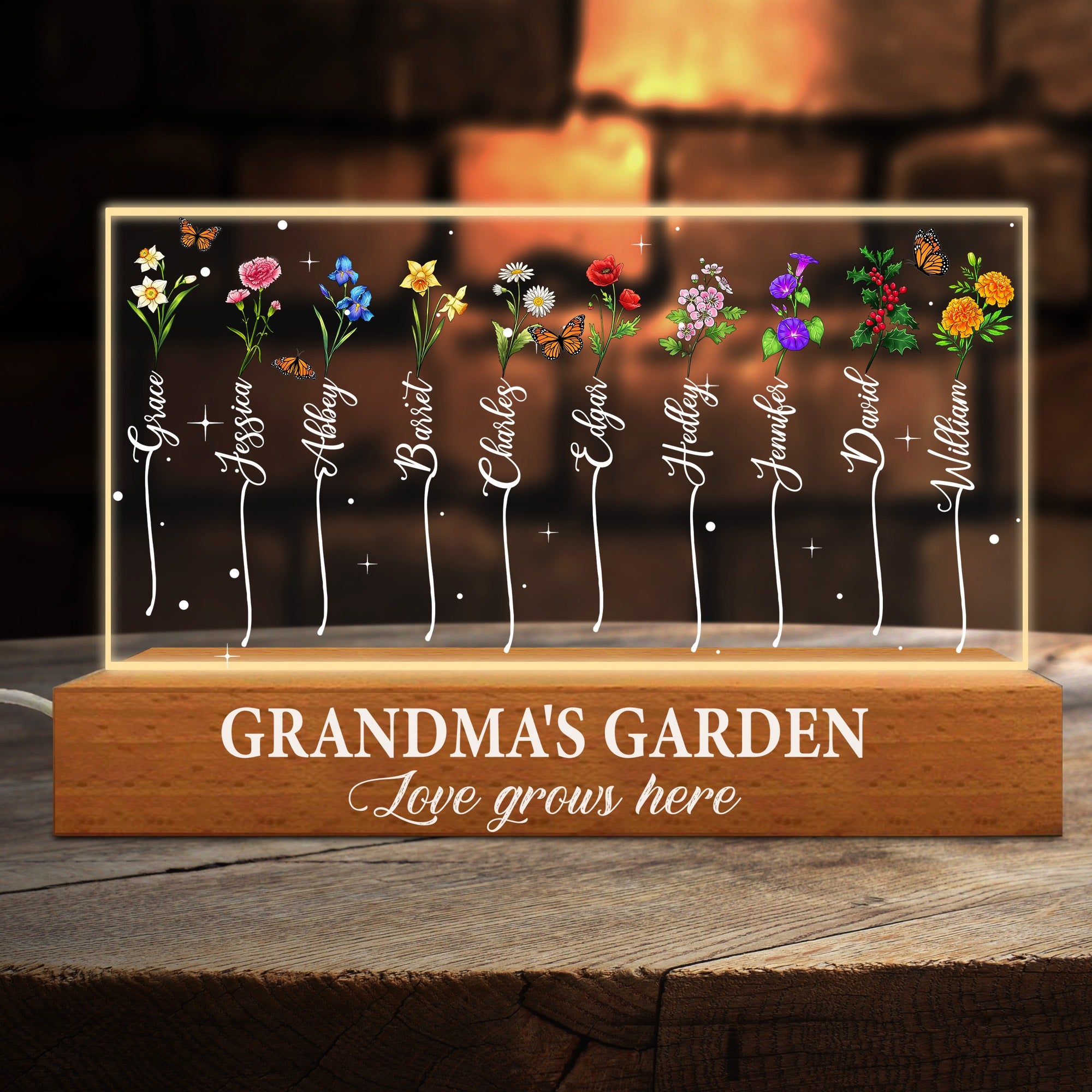 Personalized Grandma's Garden, Custom Birth Month Flower Family Love Grows Here Acrylic Plaque LED Light Night