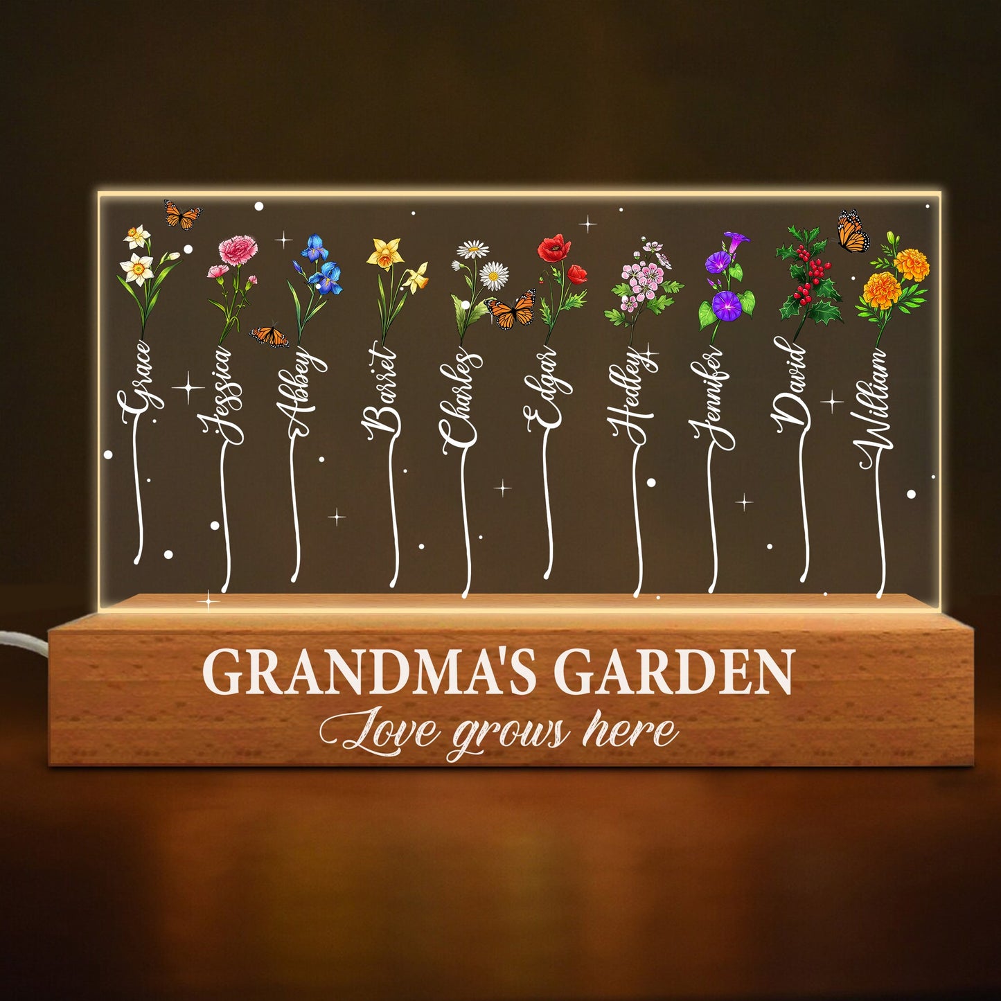 Personalized Grandma's Garden, Custom Birth Month Flower Family Love Grows Here Acrylic Plaque LED Light Night