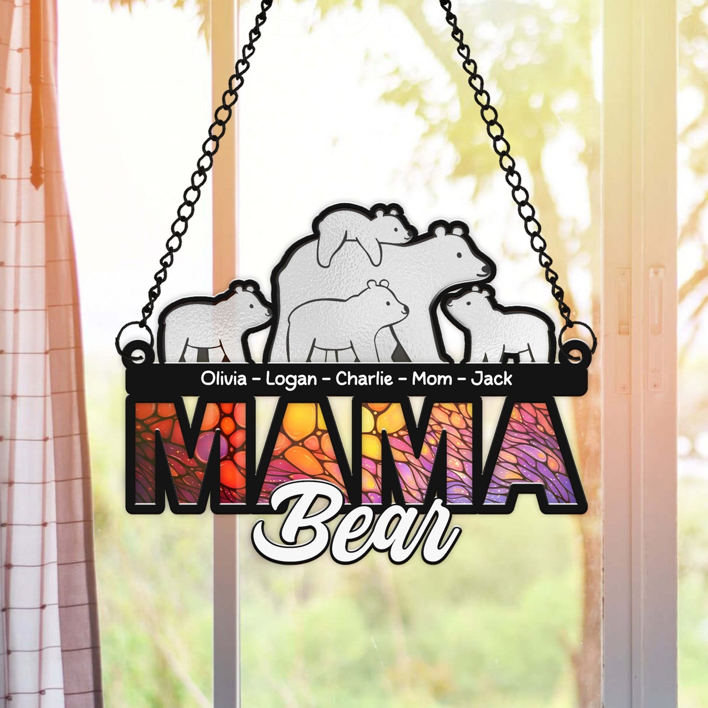Personalized Mama Bear and Cub Walking through Hanging Suncatcher Ornament