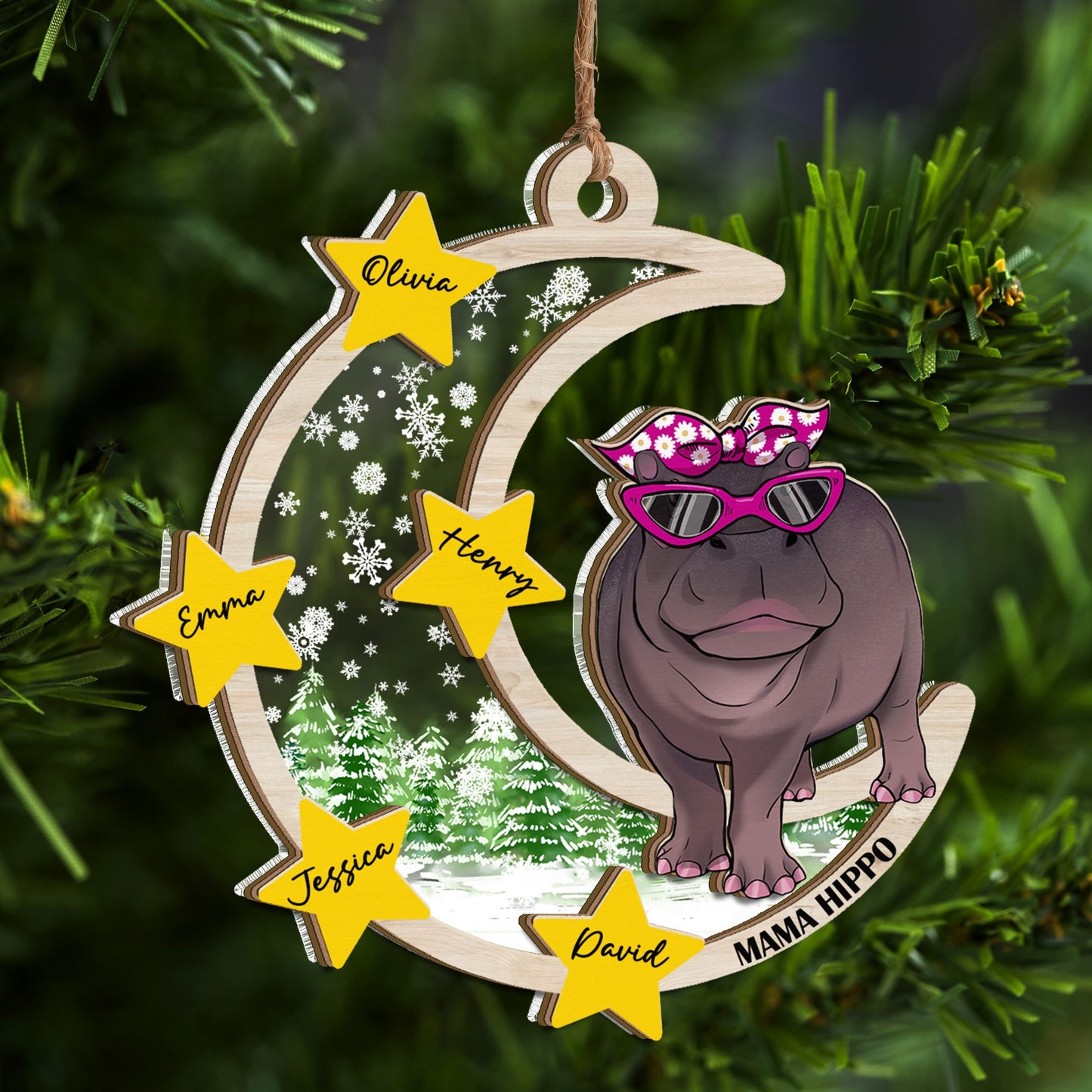 Personalized Mama Hippo Moo Deng Moo-ry Christmas 2 Layered Mix Ornament