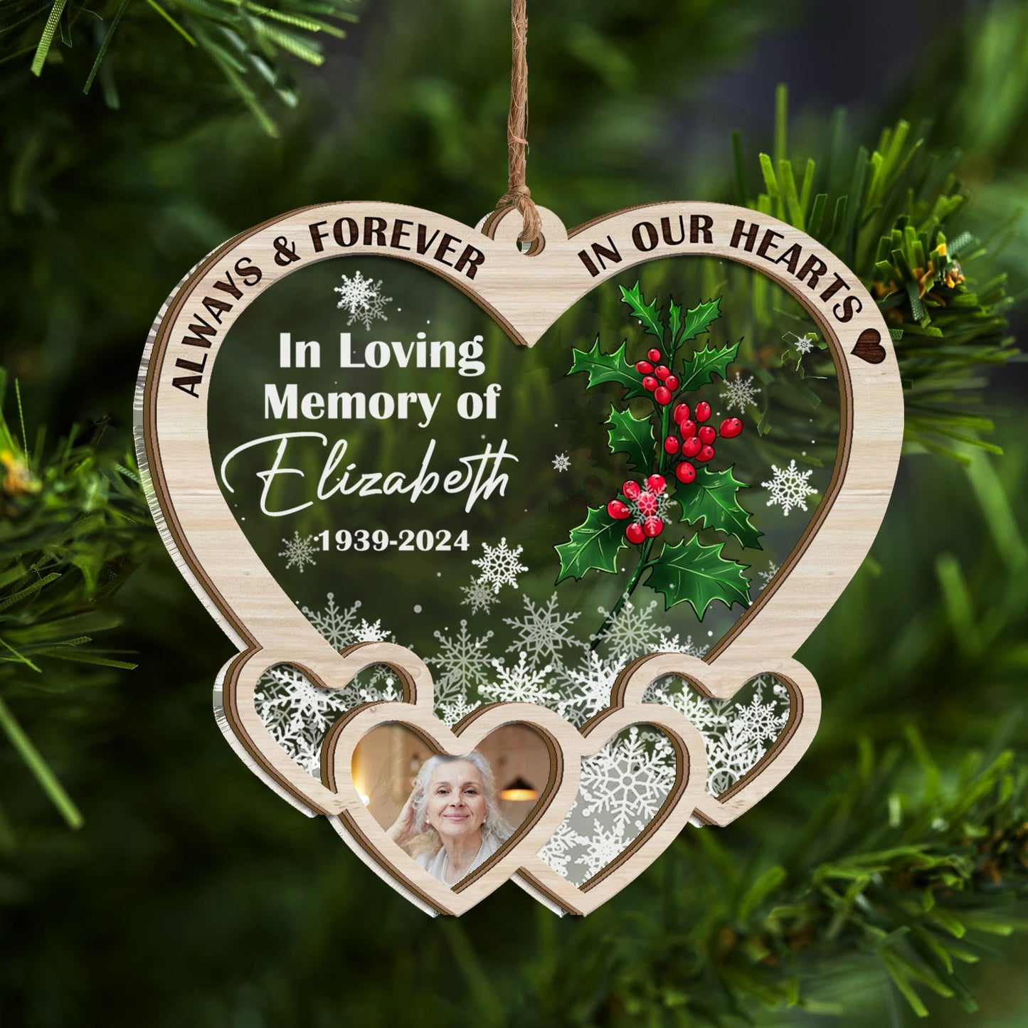 Personalized Memorial Flower Photo Always And Forever In Our Hearts 2 Layered Mix Ornament