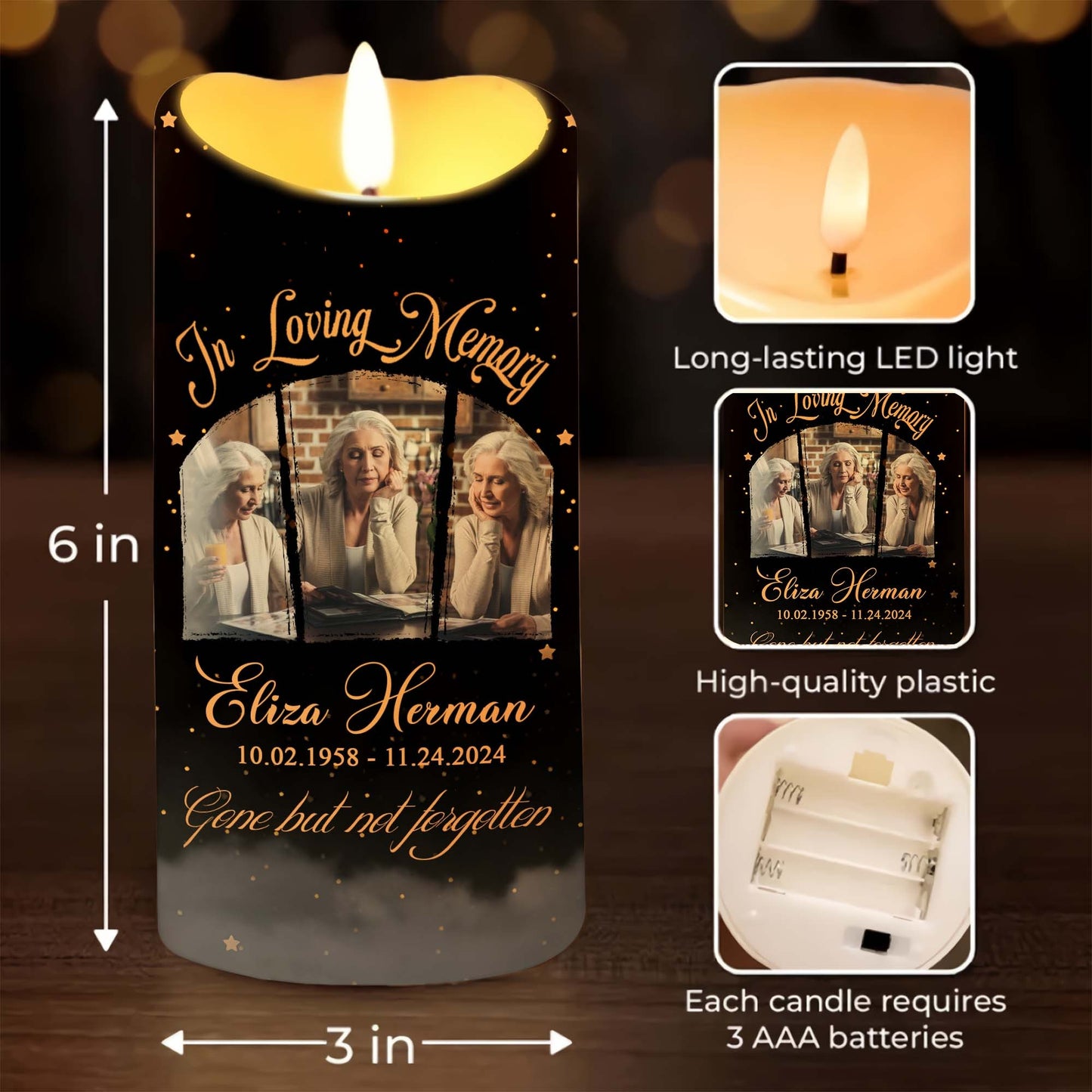 Personalized Memorial Photo In Loving Memory Gone but Never Forgotten Led Candle