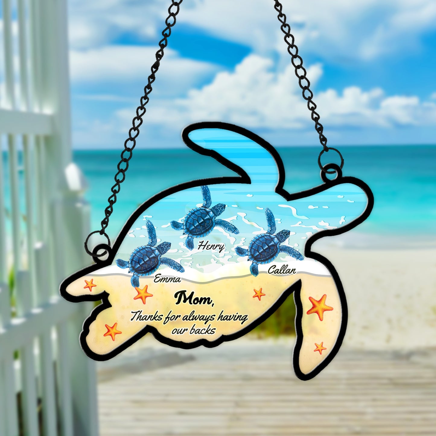 Personalized Mom Or Grandma Sea Turtle Thanks For Having Our Backs Hanging Suncatcher Ornament