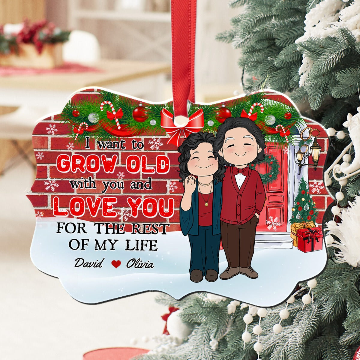 Personalized Old Couple I Want To Grow Old With You Christmas Aluminum Ornament